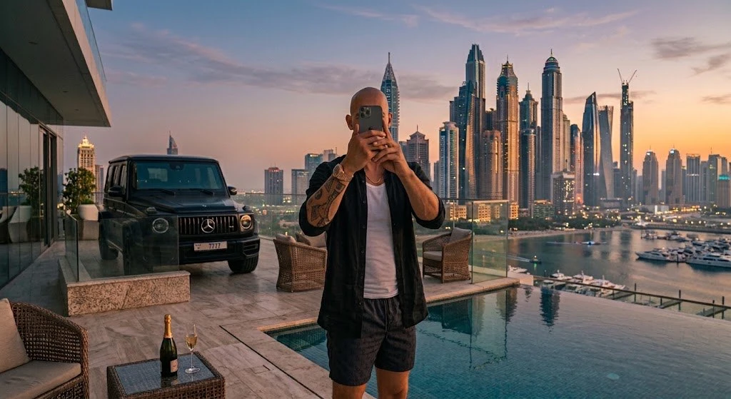 Steven S., fondateur de Klypsed, sur une terrasse à Dubaï
